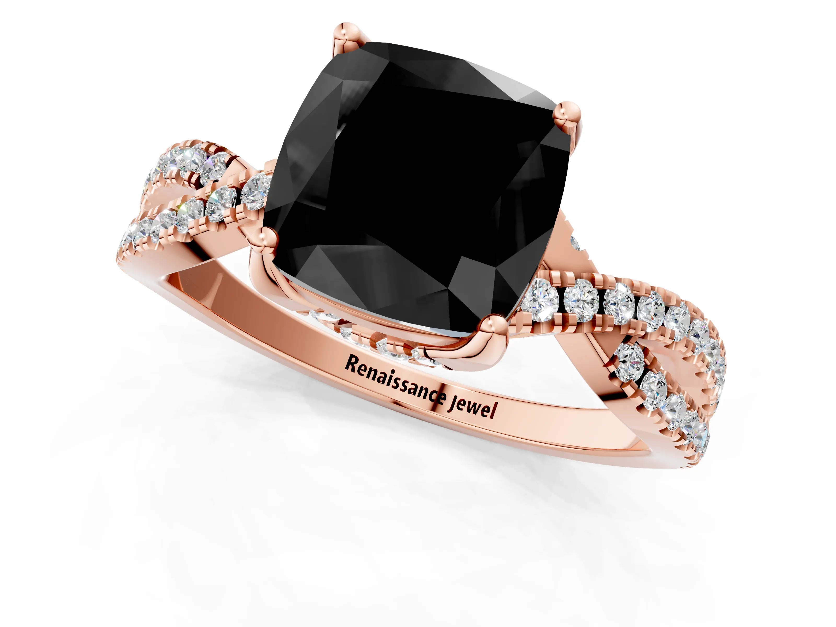 Rose gold Fancy Black Cushion Cut Solitaire Twist Pave Diamond Engagement Ring with Prong Setting_25