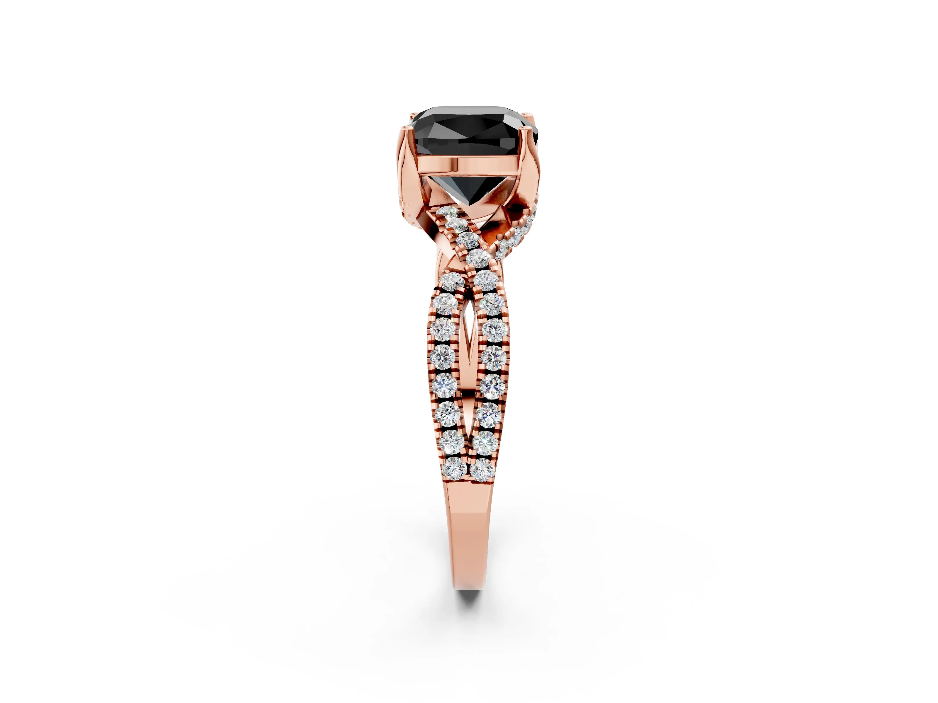 Rose gold Fancy Black Cushion Cut Solitaire Twist Pave Diamond Engagement Ring with Prong Setting_26