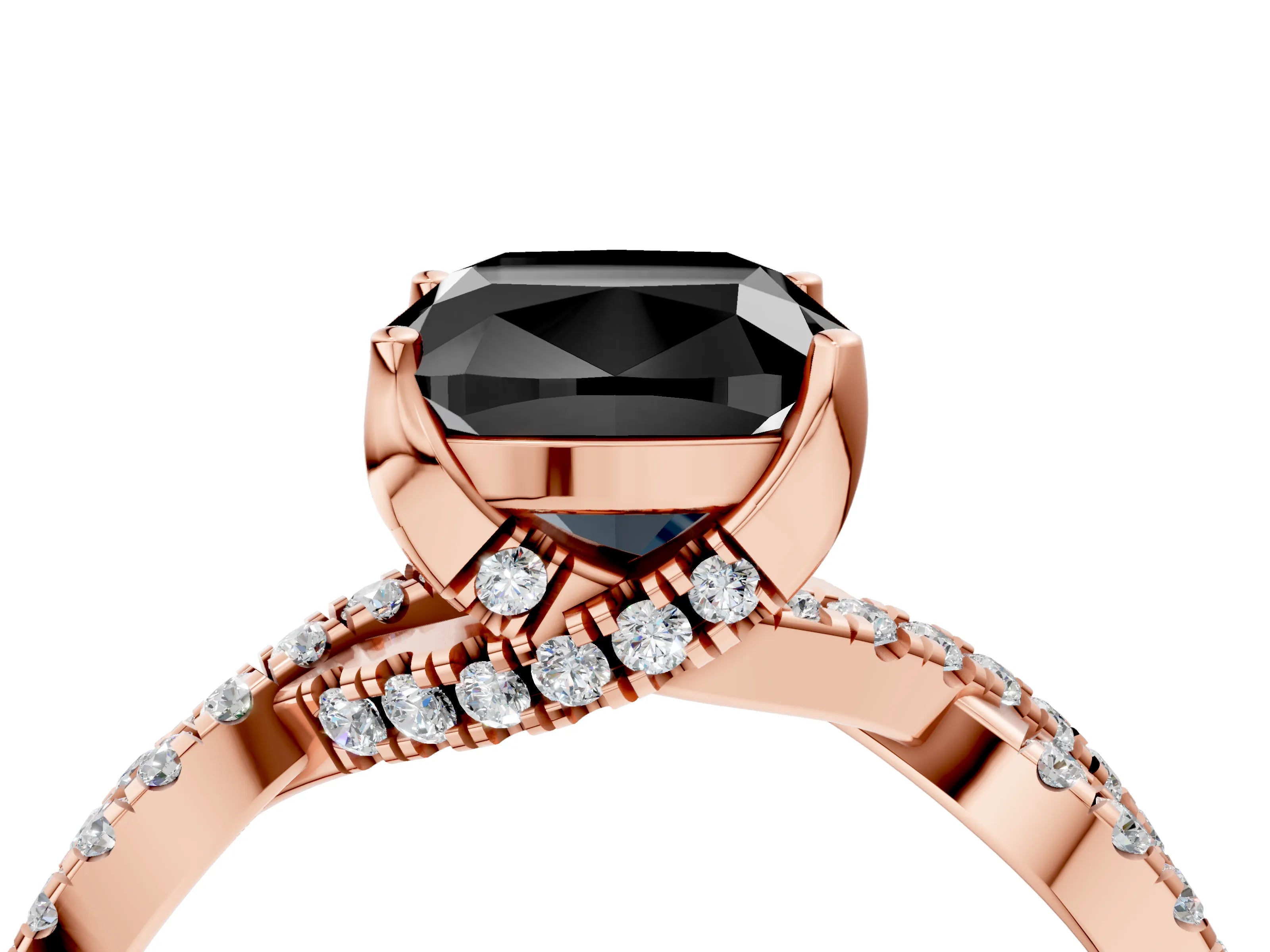 Rose gold Fancy Black Cushion Cut Solitaire Twist Pave Diamond Engagement Ring with Prong Setting_4