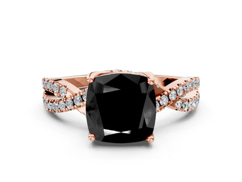 Rose gold Fancy Black Cushion Cut Solitaire Twist Pave Diamond Engagement Ring with Prong Setting