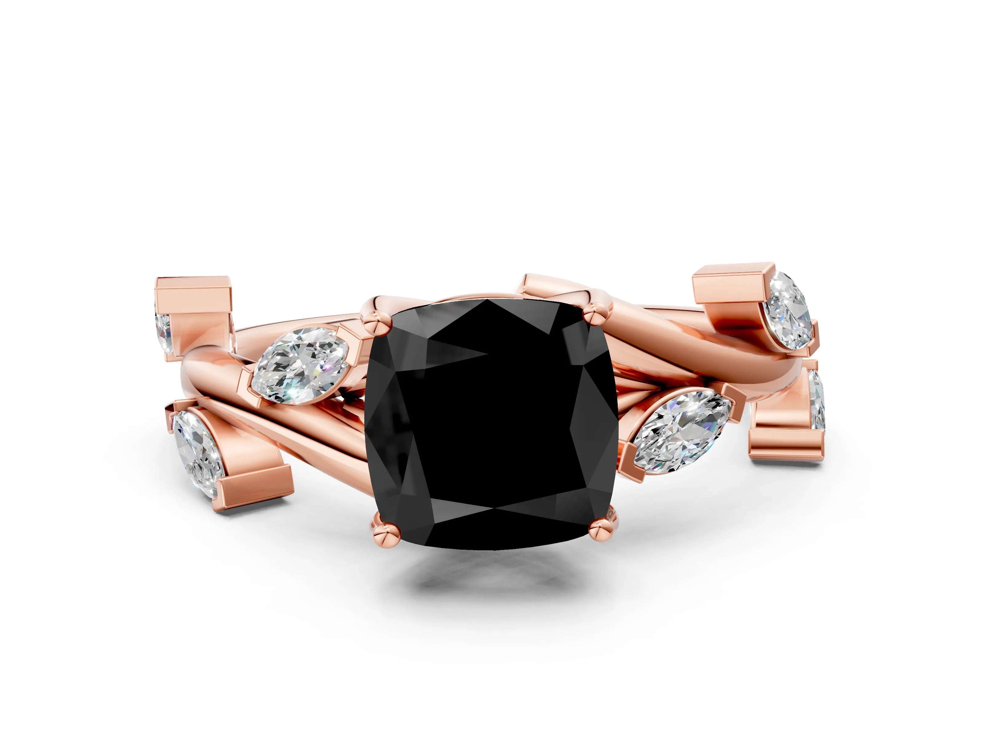 Rose gold Fancy Black Cushion Cut Solitaire Twisted Band Marquise Accent Prong Setting Ring
