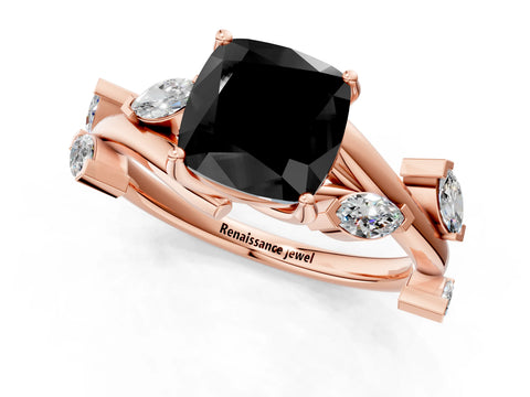 Rose gold Fancy Black Cushion Cut Solitaire Twisted Band Marquise Accent Prong Setting Ring_1