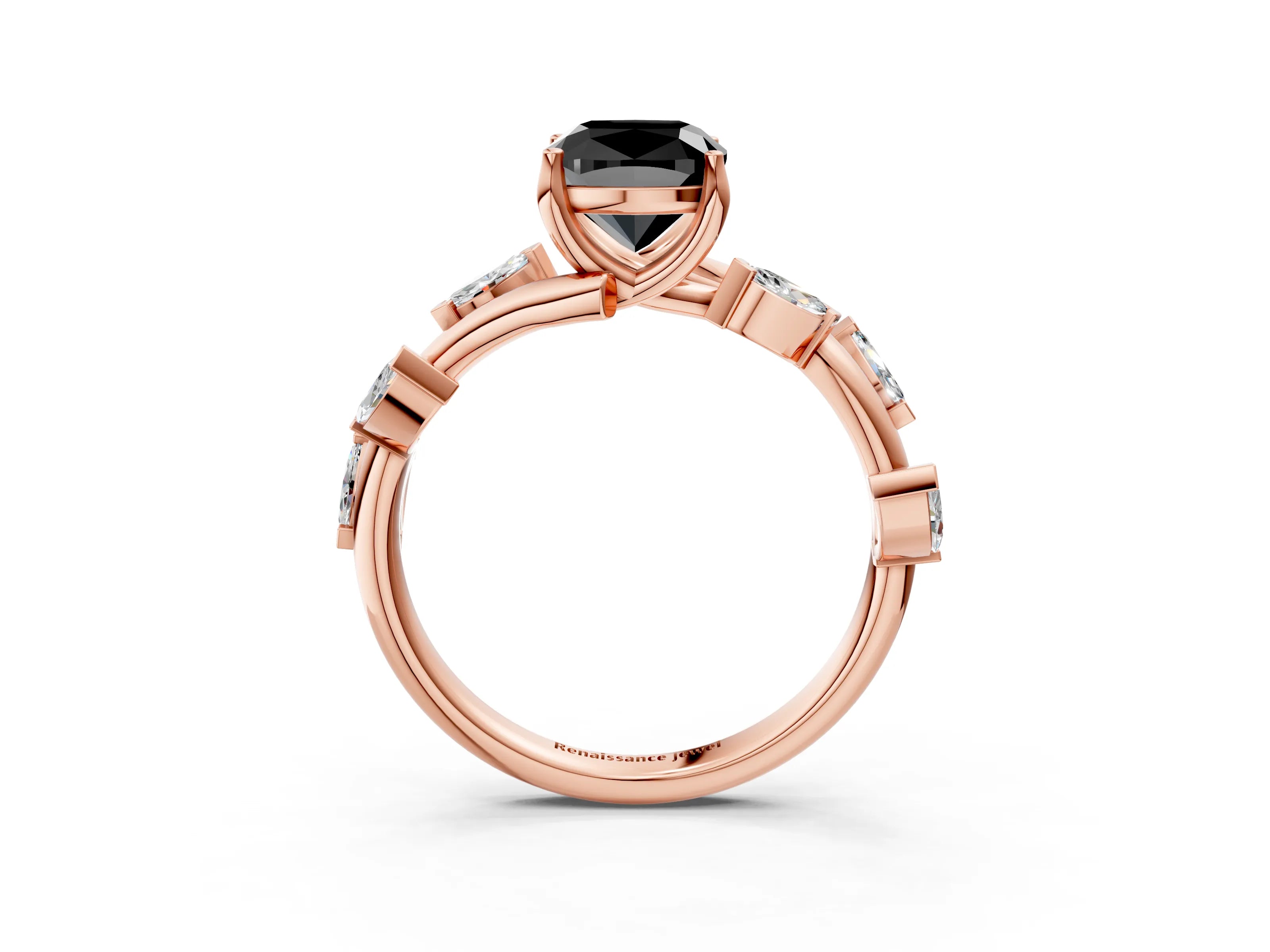 Rose gold Fancy Black Cushion Cut Solitaire Twisted Band Marquise Accent Prong Setting Ring_3