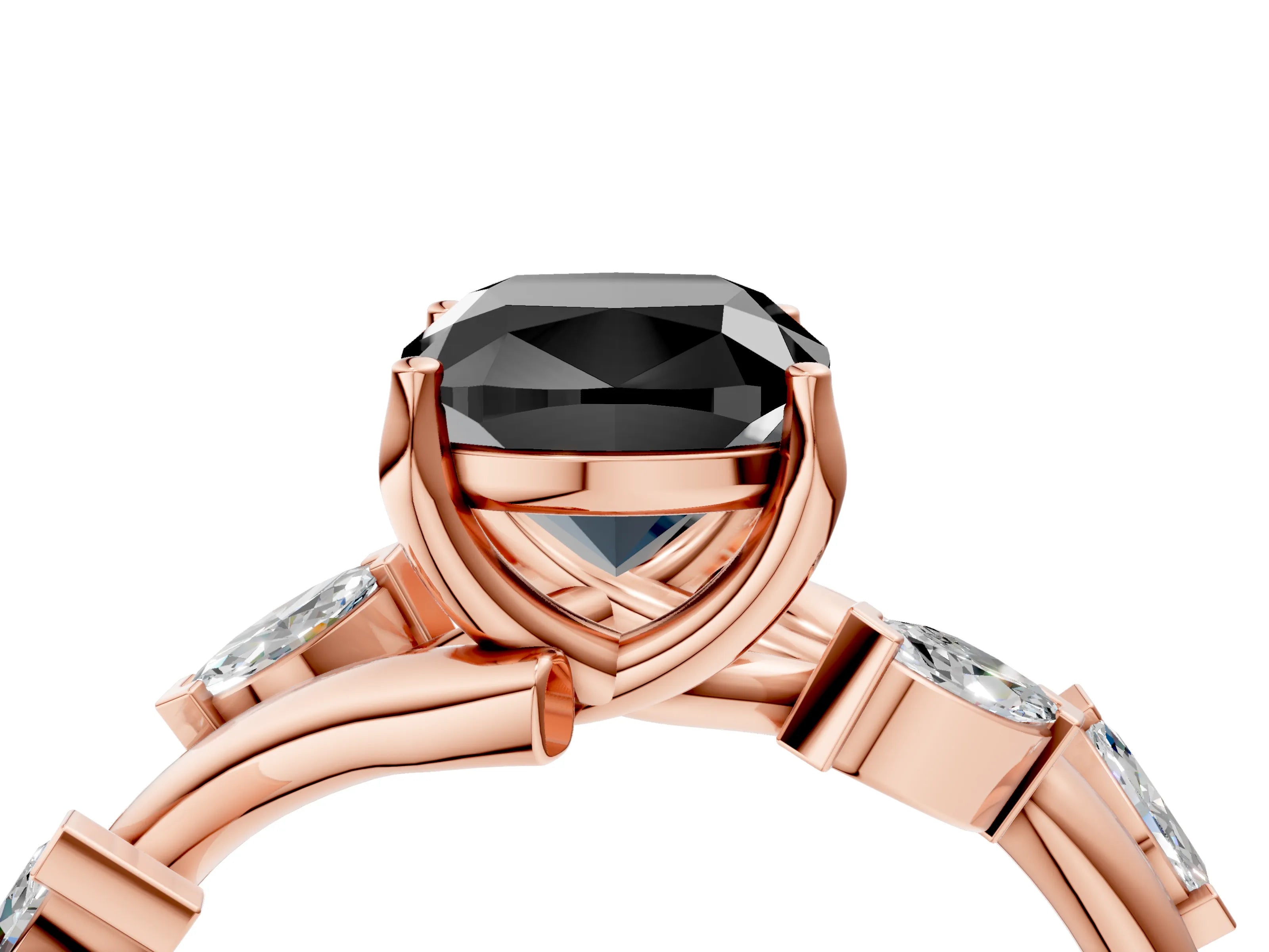 Rose gold Fancy Black Cushion Cut Solitaire Twisted Band Marquise Accent Prong Setting Ring_4