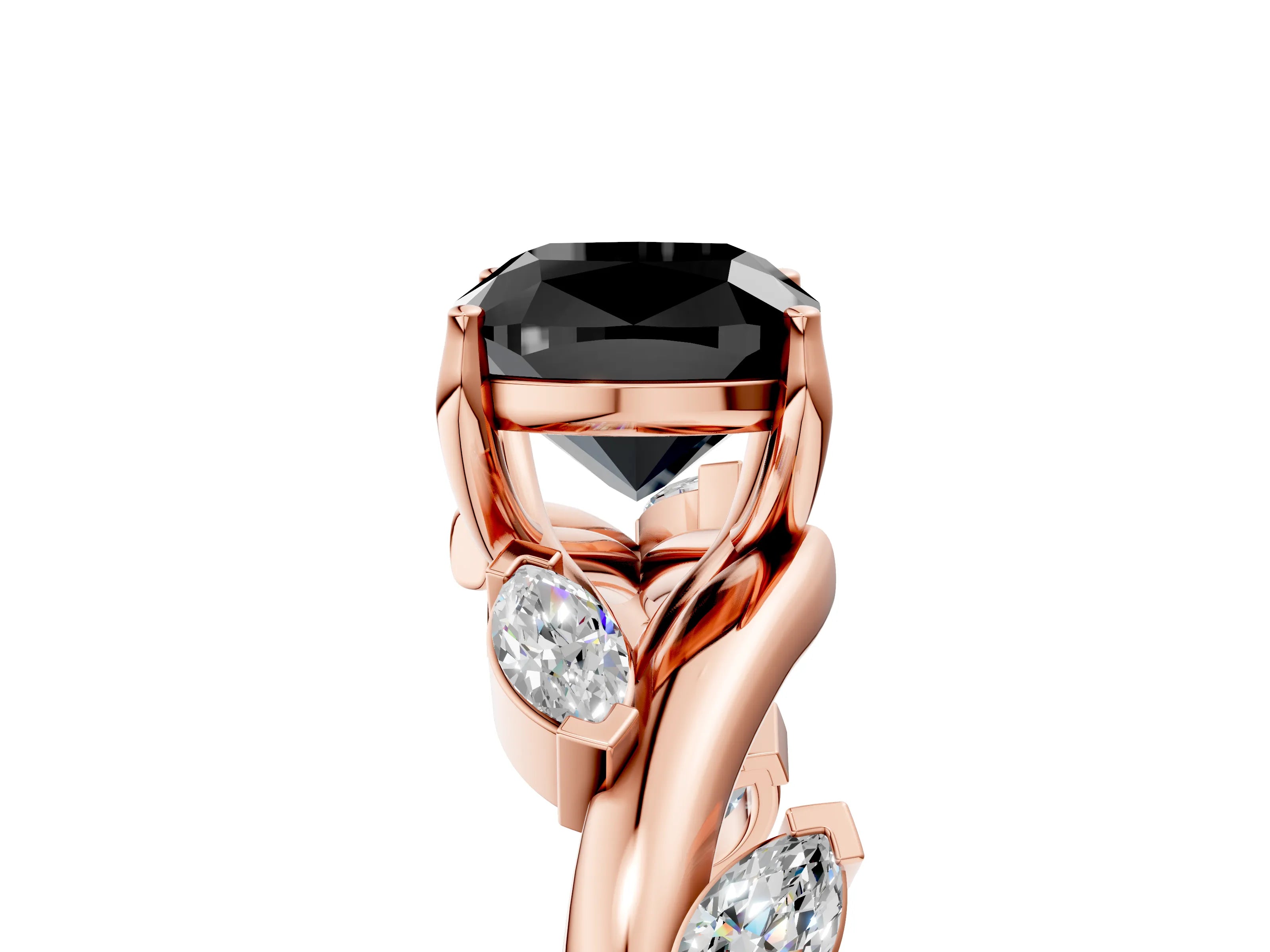 Rose gold Fancy Black Cushion Cut Solitaire Twisted Band Marquise Accent Prong Setting Ring_5