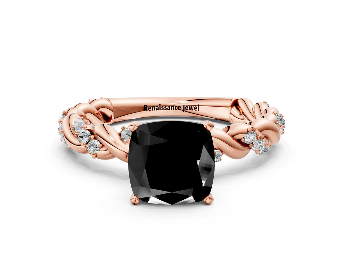 Rose gold Fancy Black Cushion Cut Solitaire Twisted Band with Pavé Accents and Four-Prong Setting