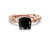 Rose gold Fancy Black Cushion Cut Solitaire Twisted Band with Pavé Accents and Four-Prong Setting