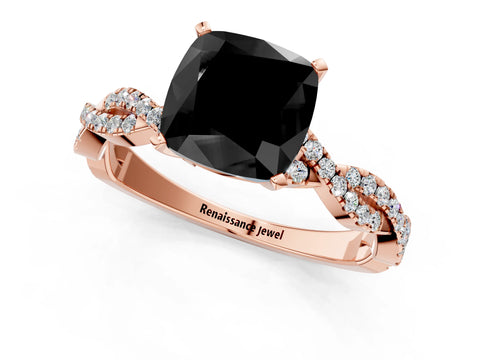 Rose gold Fancy Black Cushion Cut Solitaire Twisted Pave Band with Four-Prong Setting_4
