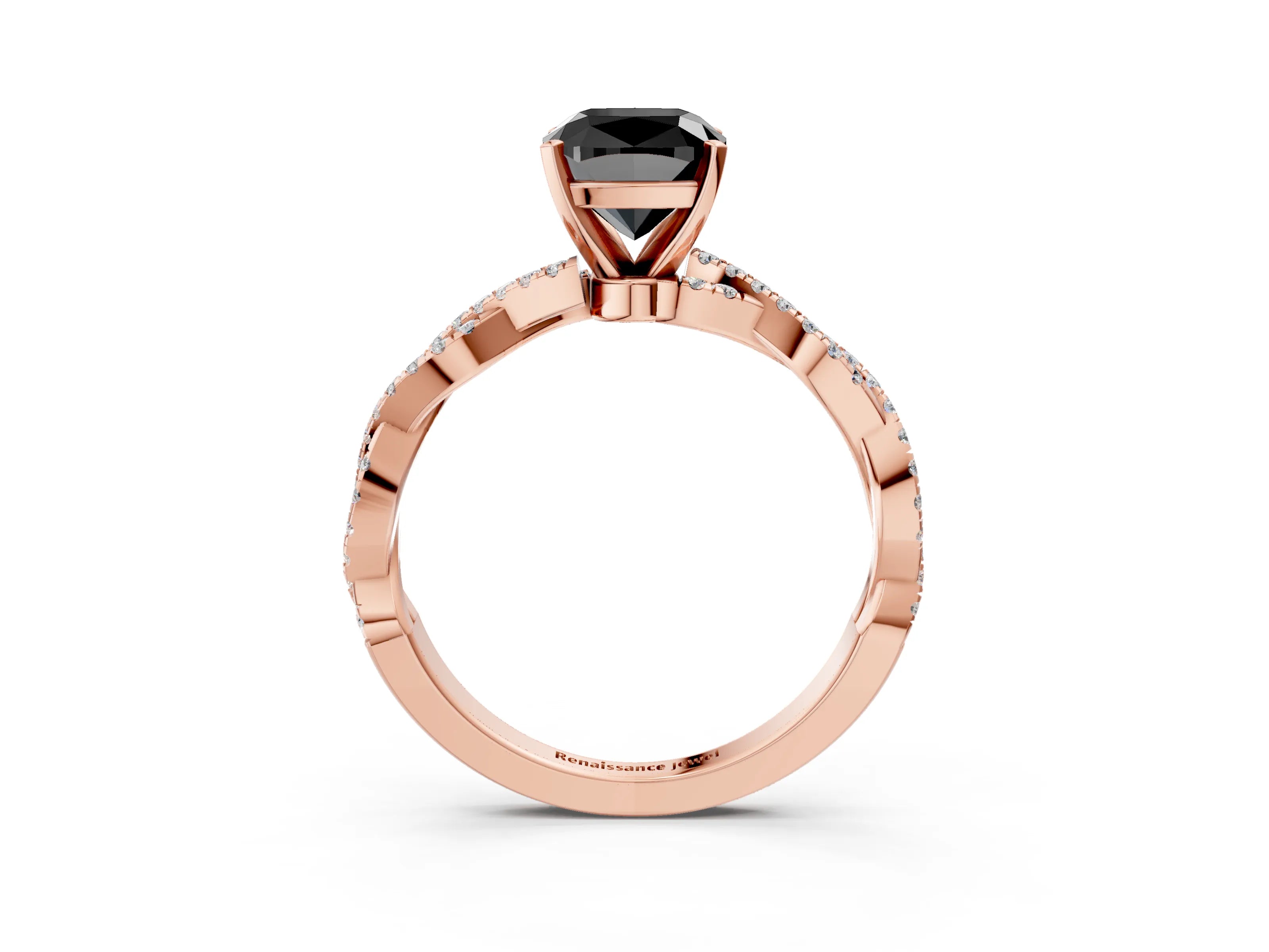Rose gold Fancy Black Cushion Cut Solitaire Twisted Pave Band with Four-Prong Setting_6