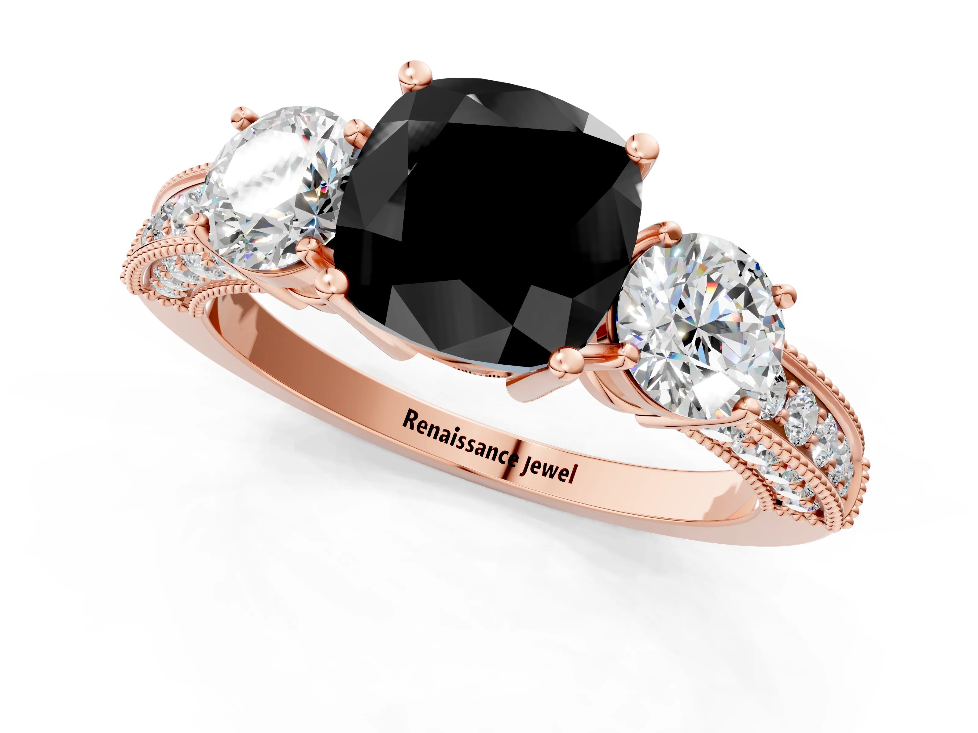 Rose gold Fancy Black Cushion Cut Three-Stone Diamond Ring with Pavé Band and Four-Prong Setting_1