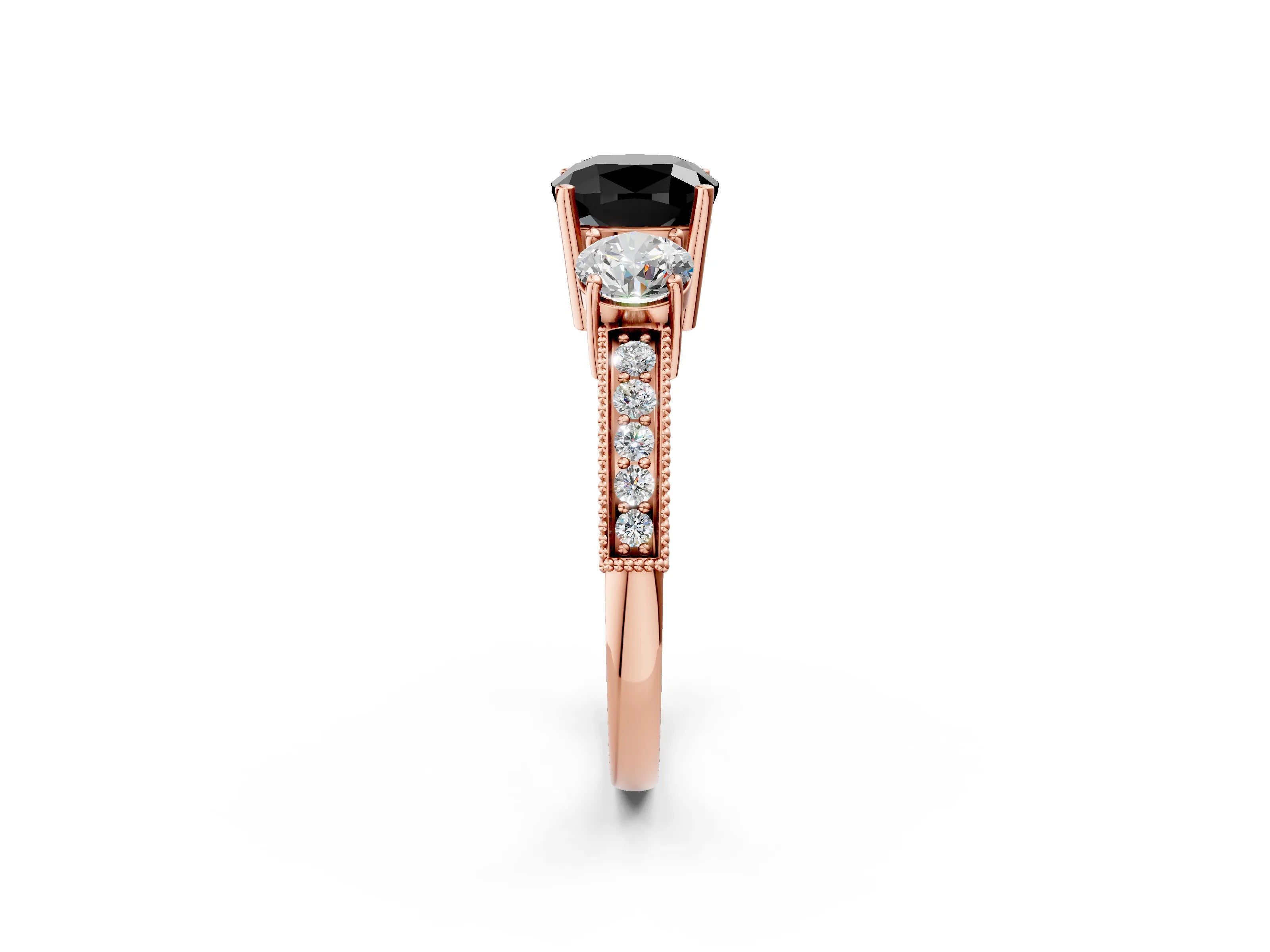 Rose gold Fancy Black Cushion Cut Three-Stone Diamond Ring with Pavé Band and Four-Prong Setting_2