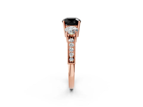 Rose gold Fancy Black Cushion Cut Three-Stone Diamond Ring with Pavé Band and Four-Prong Setting_2