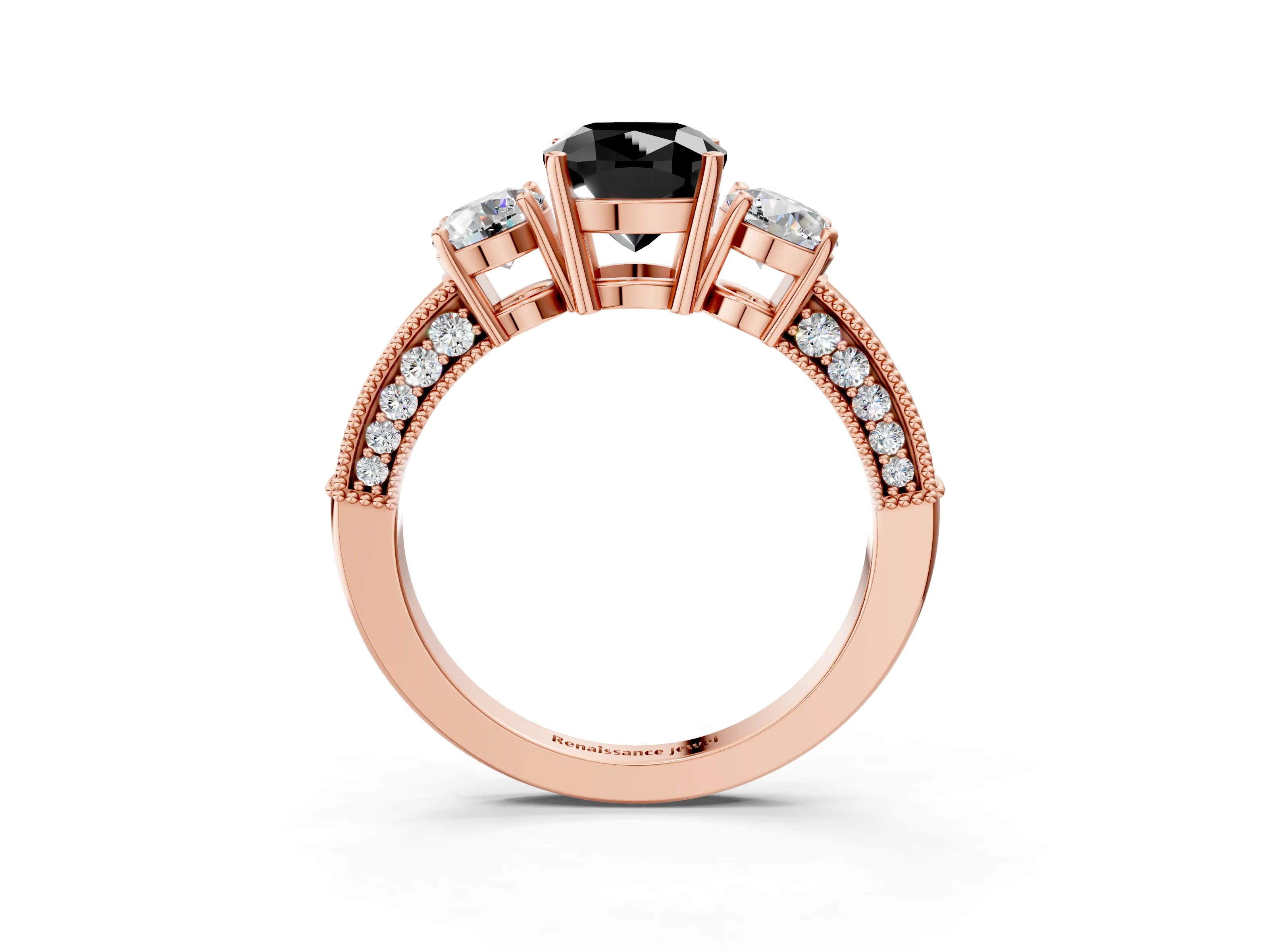 Rose gold Fancy Black Cushion Cut Three-Stone Diamond Ring with Pavé Band and Four-Prong Setting_3