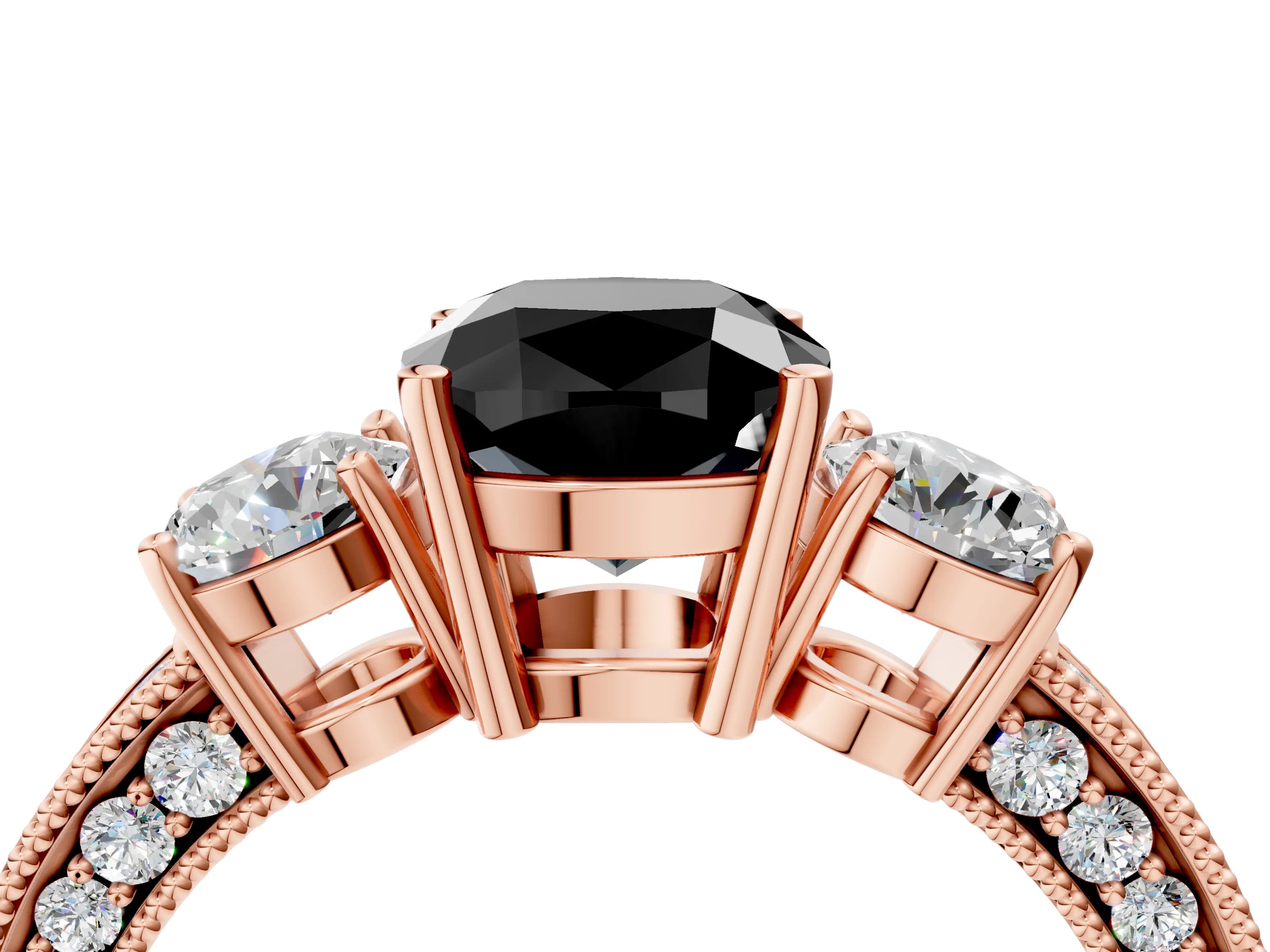 Rose gold Fancy Black Cushion Cut Three-Stone Diamond Ring with Pavé Band and Four-Prong Setting_4