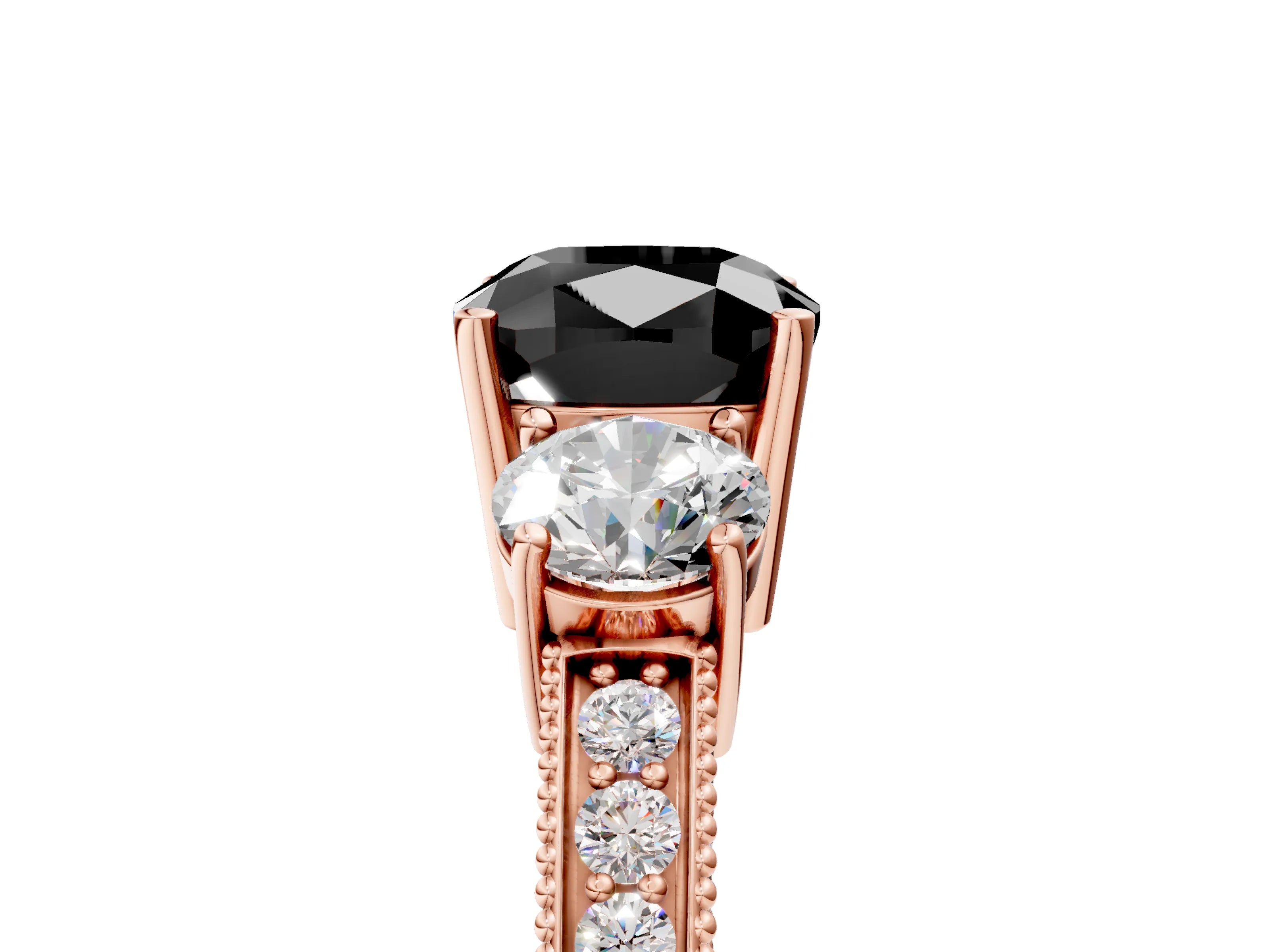 Rose gold Fancy Black Cushion Cut Three-Stone Diamond Ring with Pavé Band and Four-Prong Setting_5