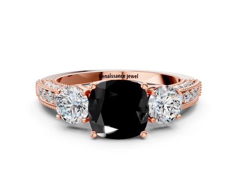 Rose gold Fancy Black Cushion Cut Three-Stone Diamond Ring with Pavé Band and Four-Prong Setting