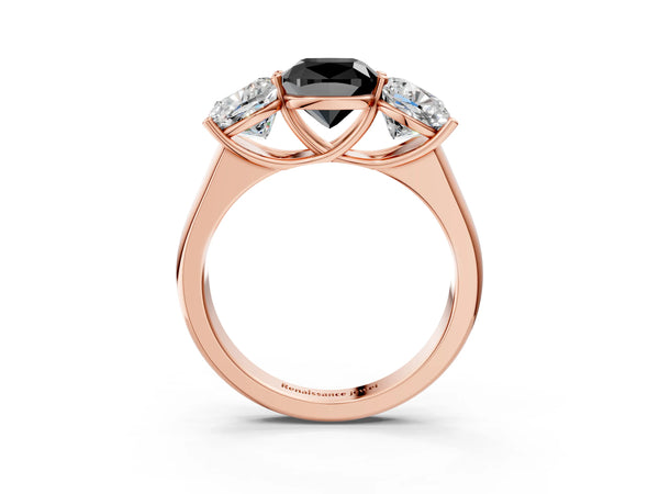 Rose Gold Cushion Cut Side Stone Engagement Ring Setting for Black Center - Design RJ-781