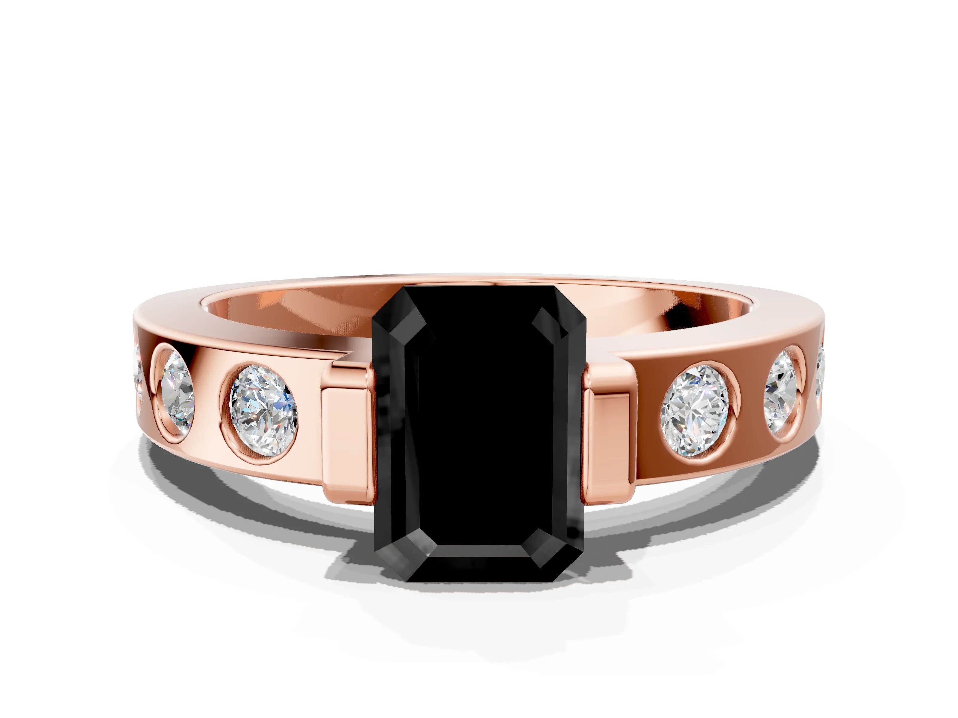 Rose gold Fancy Black Emerald Cut Brilliant Channel-Set Diamond Ring with Bezel Prong Setting