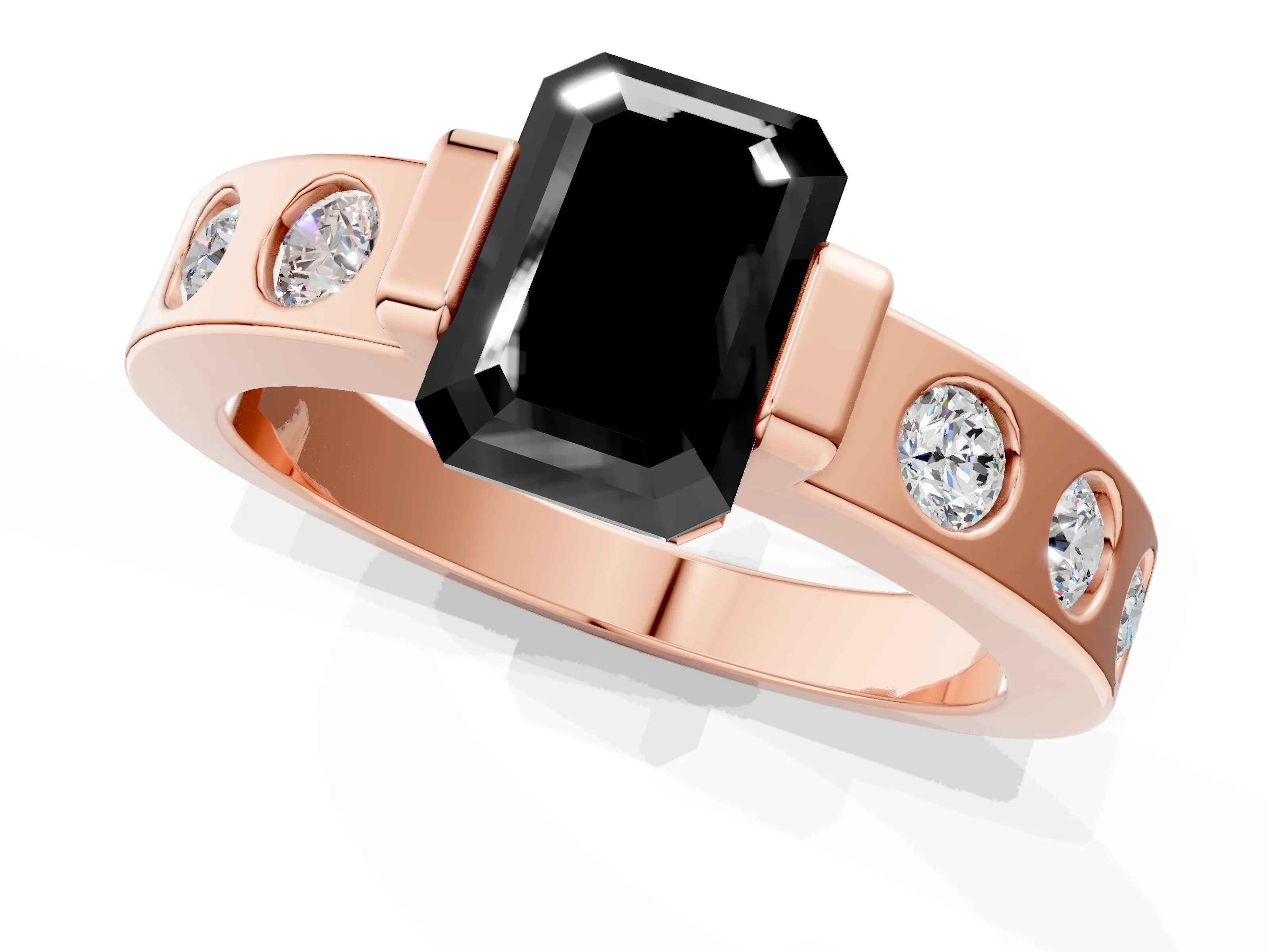 Rose gold Fancy Black Emerald Cut Brilliant Channel-Set Diamond Ring with Bezel Prong Setting_1