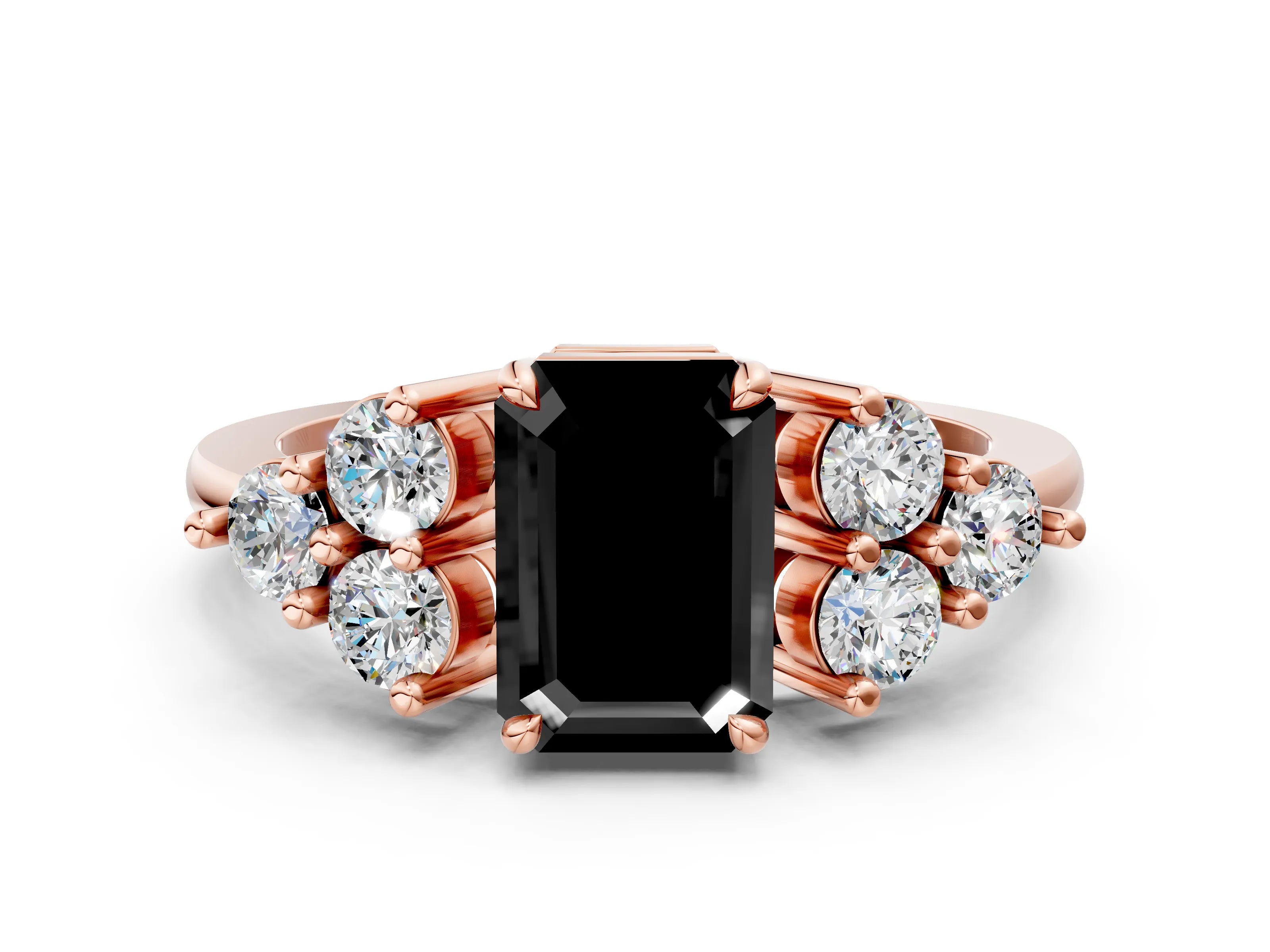 Rose gold Fancy Black Emerald Cut Brilliant Diamond Cluster Accent Solitaire Ring with Prong Setting