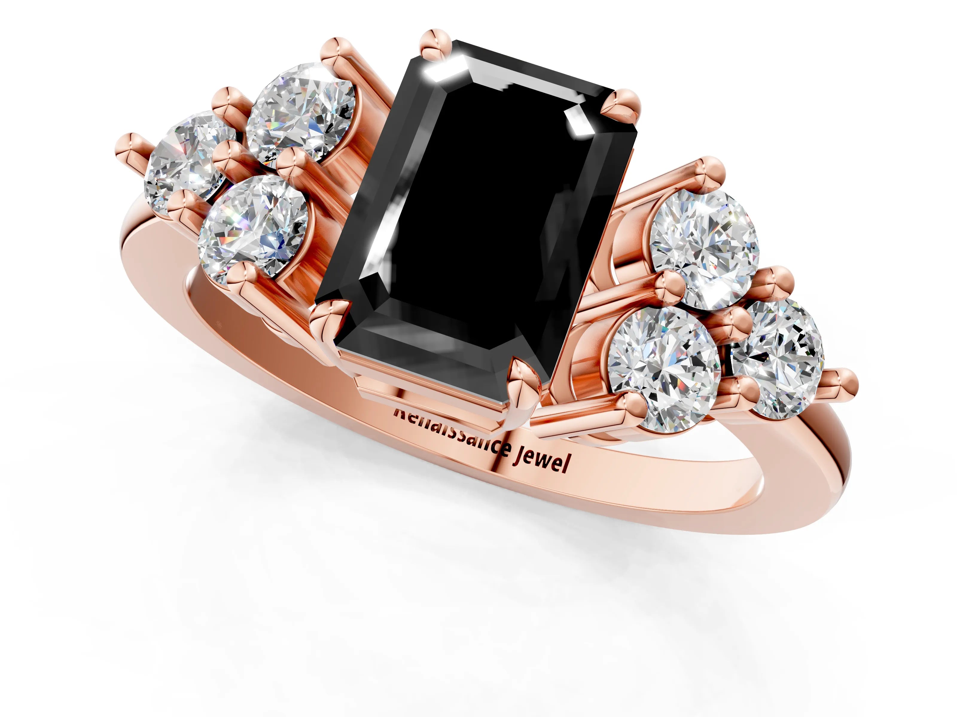 Rose gold Fancy Black Emerald Cut Brilliant Diamond Cluster Accent Solitaire Ring with Prong Setting_1
