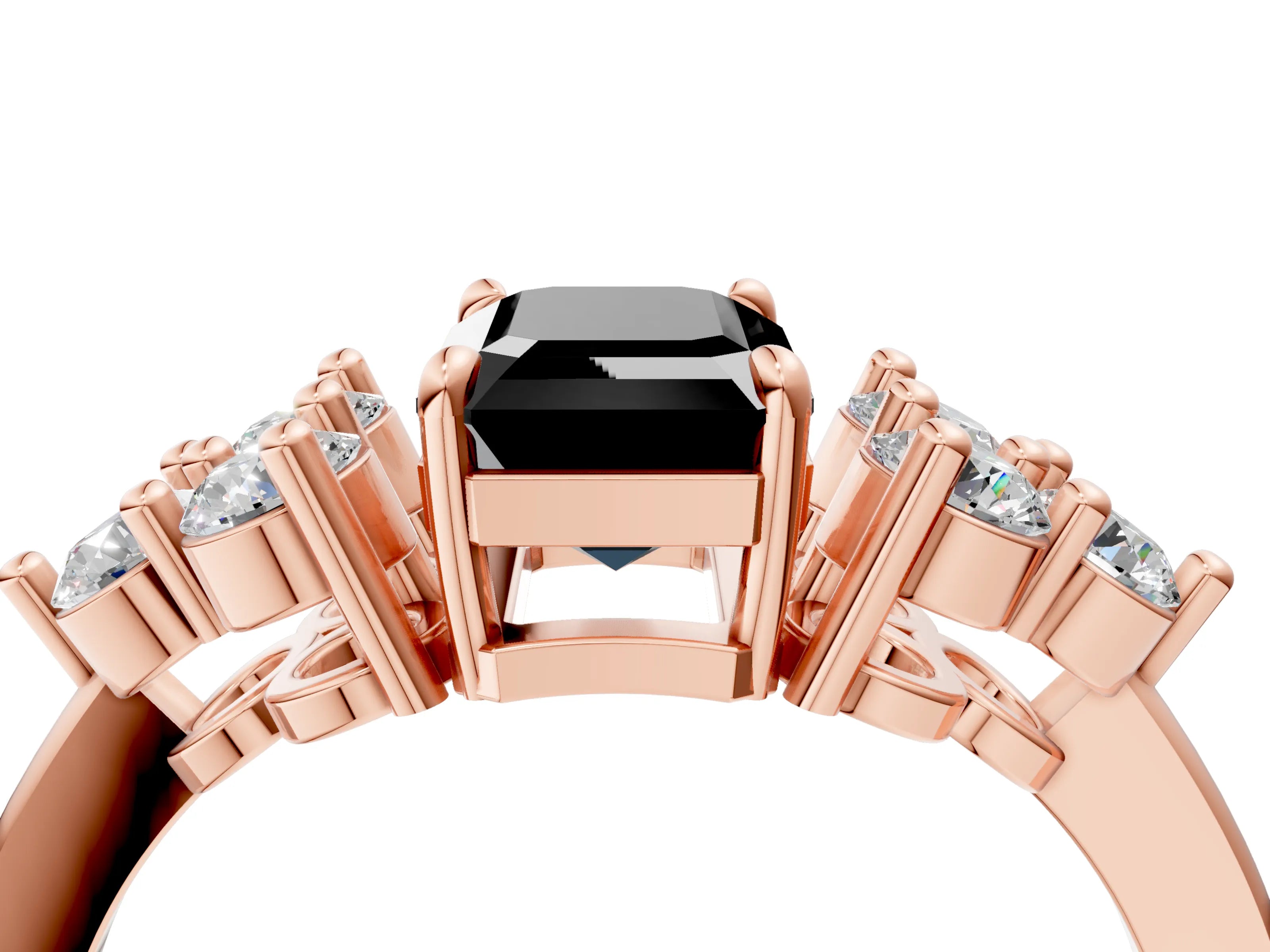 Rose gold Fancy Black Emerald Cut Brilliant Diamond Cluster Accent Solitaire Ring with Prong Setting_4