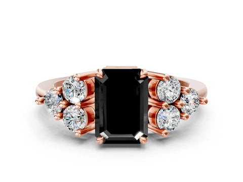 Rose gold Fancy Black Emerald Cut Brilliant Diamond Cluster Accent Solitaire Ring with Prong Setting