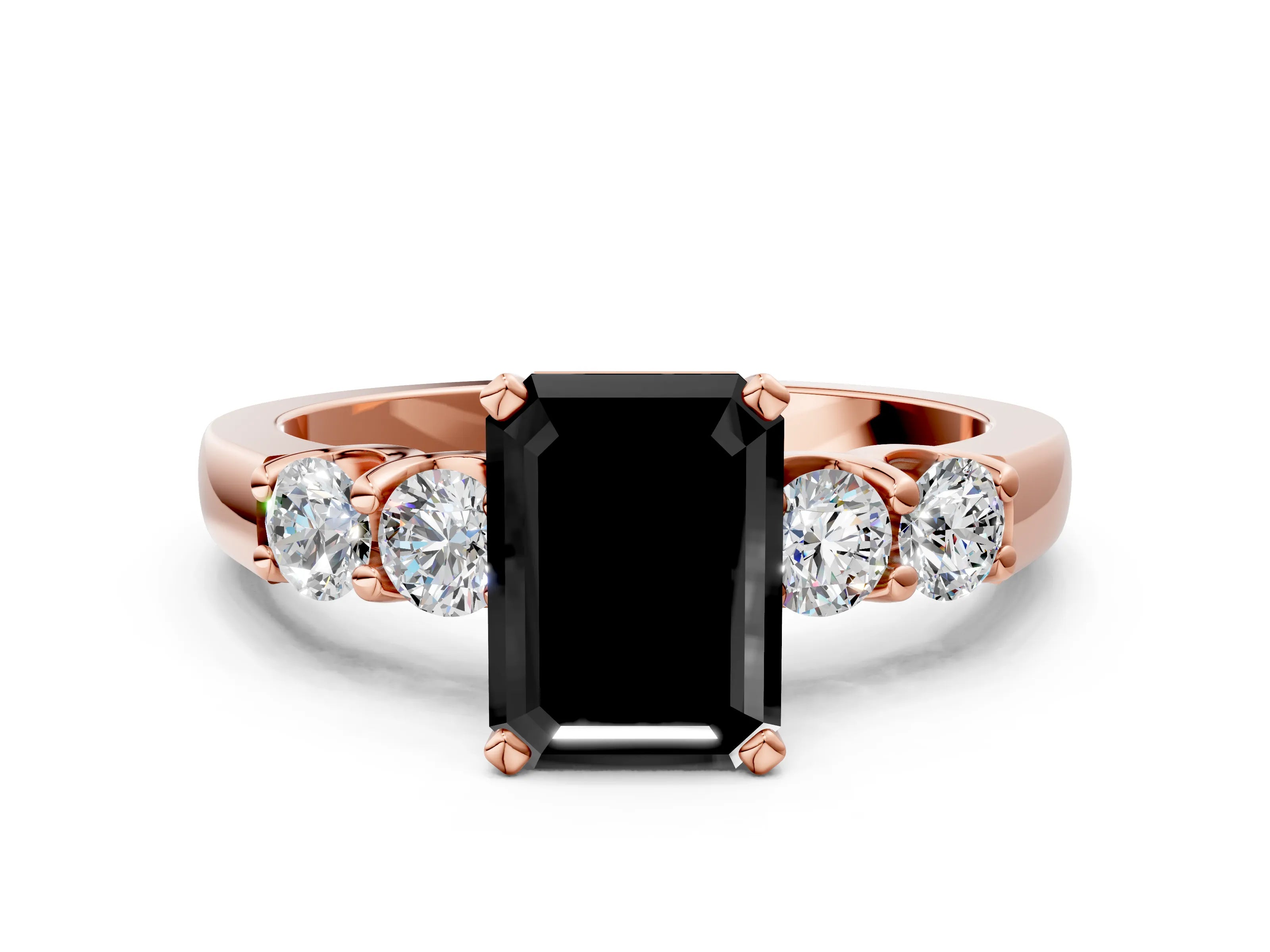 Rose gold Fancy Black Emerald Cut Brilliant Diamond Five-Stone Engagement Ring with Prong Setting on a Classic Band_3