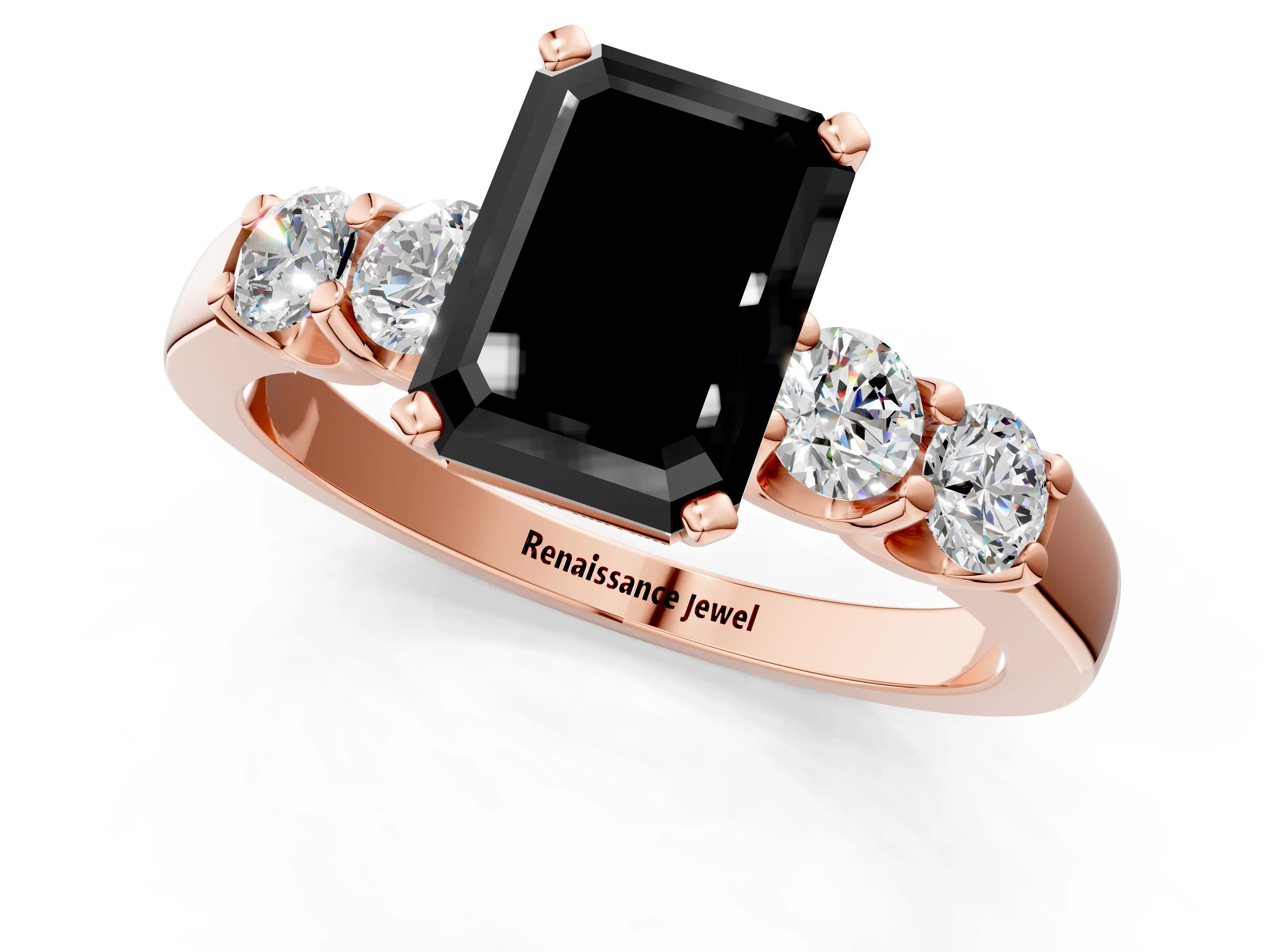 Rose gold Fancy Black Emerald Cut Brilliant Diamond Five-Stone Engagement Ring with Prong Setting on a Classic Band_4