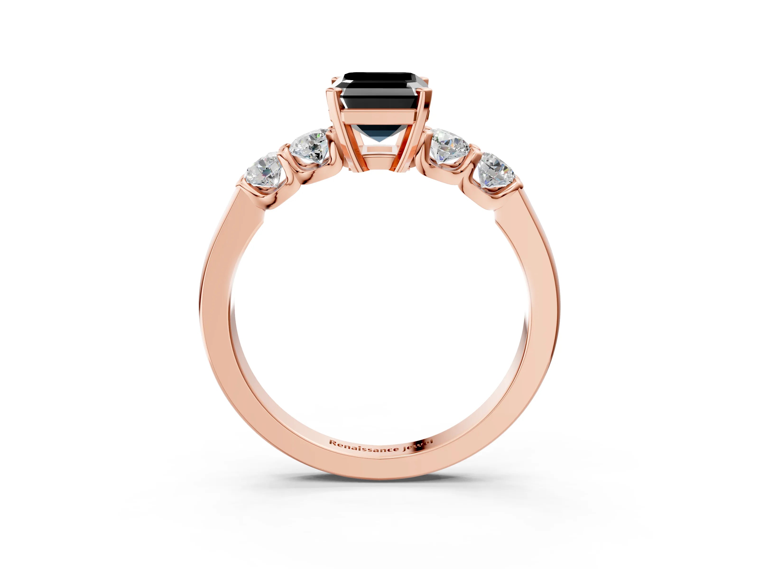 Rose gold Fancy Black Emerald Cut Brilliant Diamond Five-Stone Engagement Ring with Prong Setting on a Classic Band_6