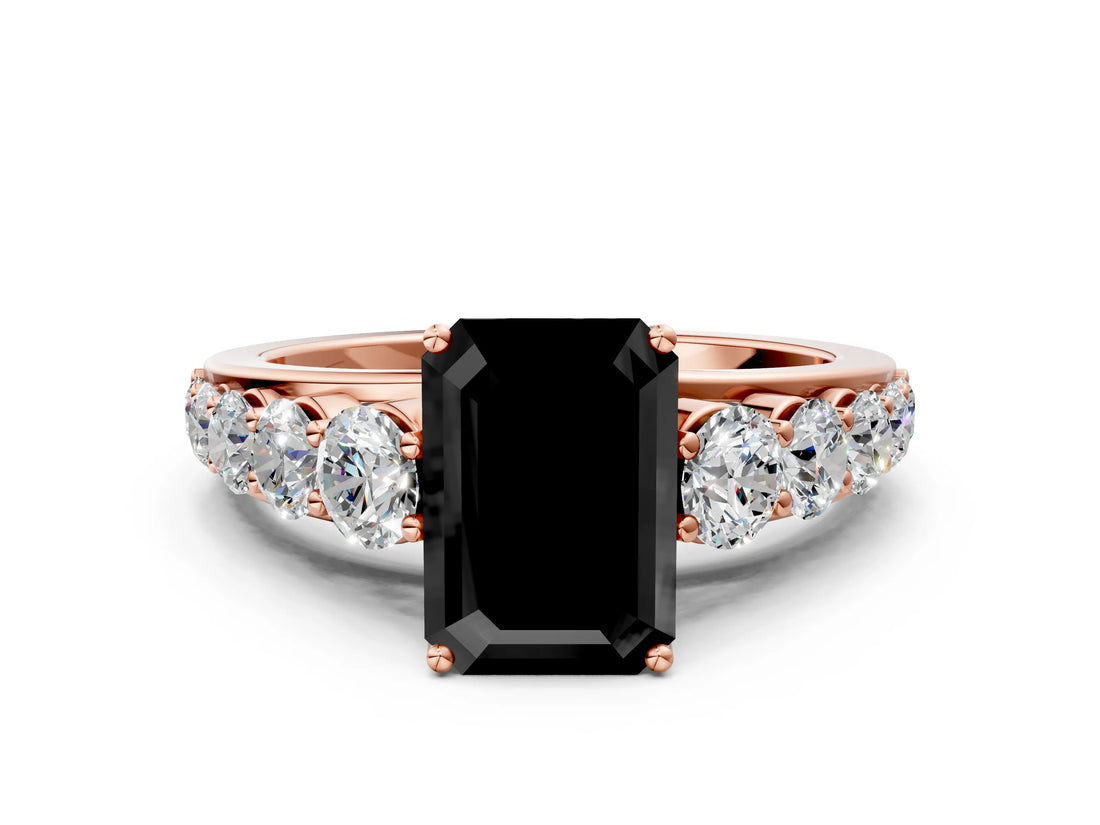 Rose gold Fancy Black Emerald Cut Brilliant Diamond Pavé Band with Six-Prong Setting