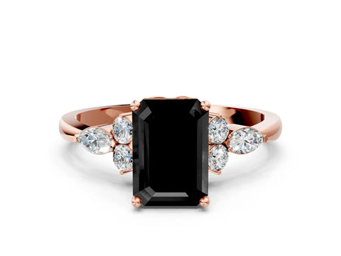 Rose gold Fancy Black Emerald Cut Brilliant Diamond Solitaire Ring with Pear Side Stones and Four-Prong Setting_3