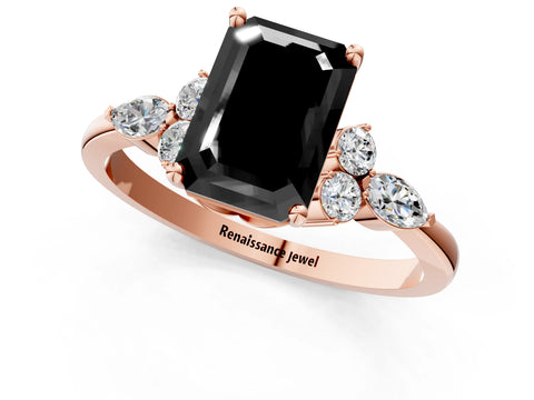 Rose gold Fancy Black Emerald Cut Brilliant Diamond Solitaire Ring with Pear Side Stones and Four-Prong Setting_4