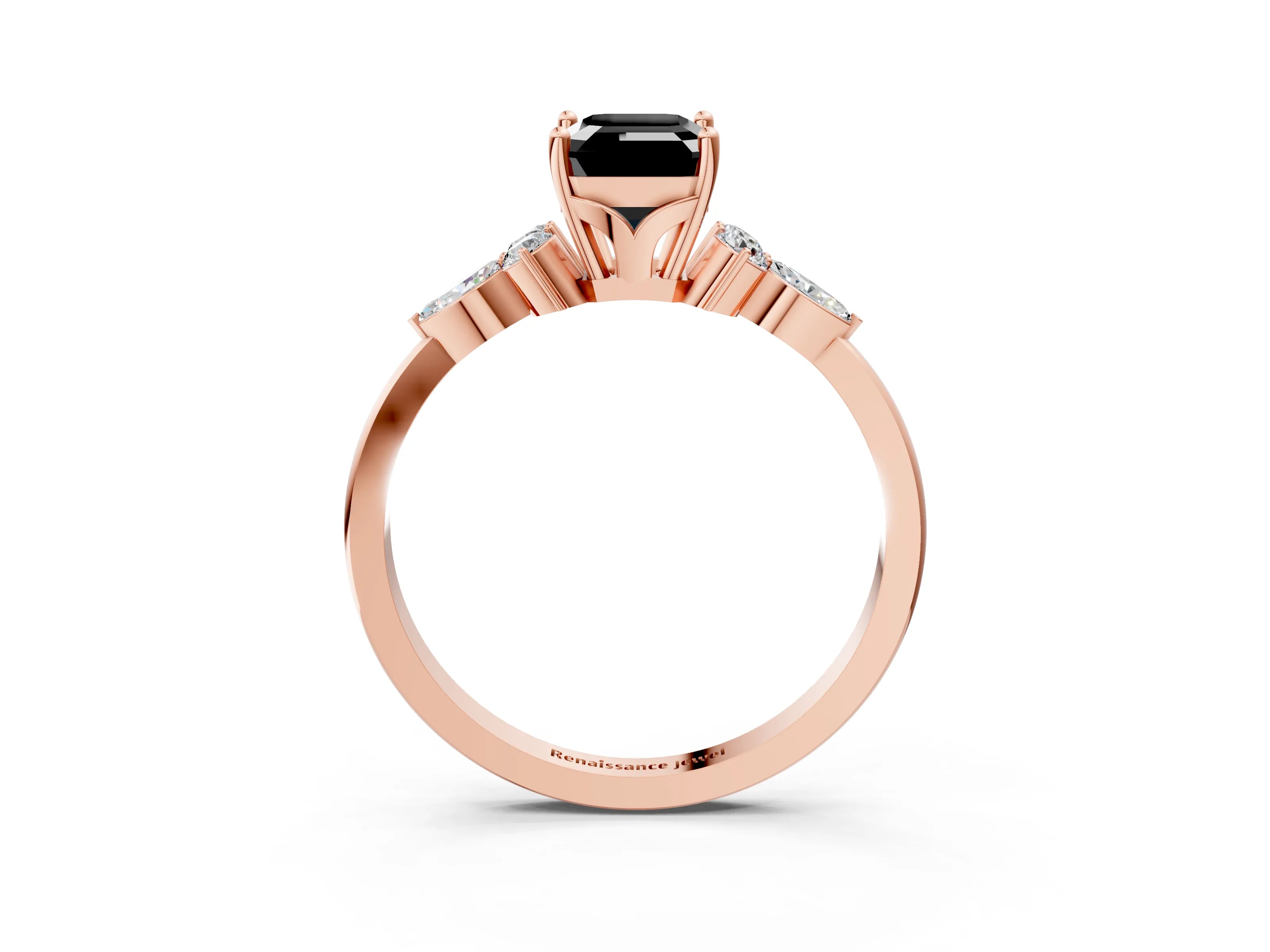 Rose gold Fancy Black Emerald Cut Brilliant Diamond Solitaire Ring with Pear Side Stones and Four-Prong Setting_6