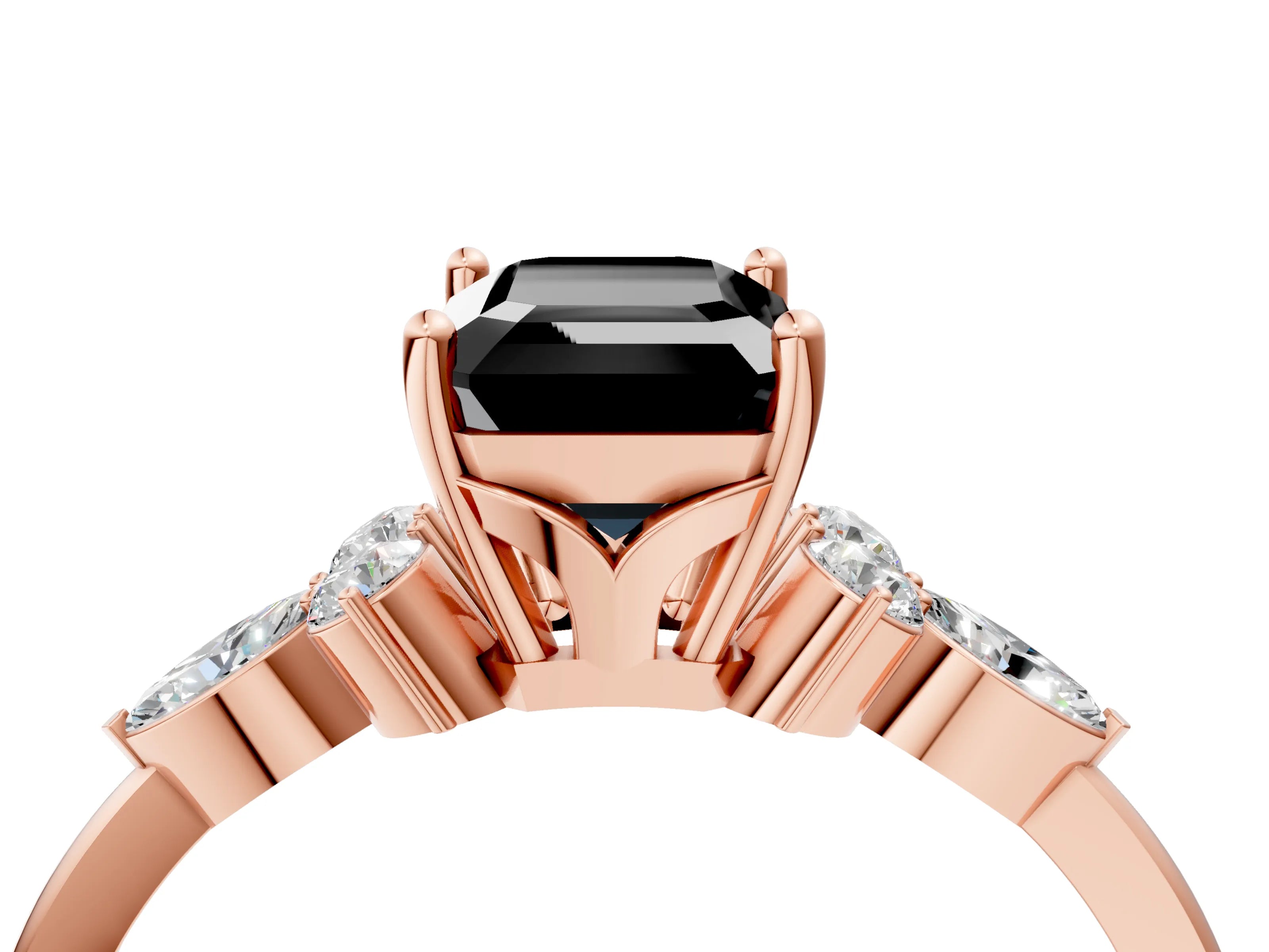 Rose gold Fancy Black Emerald Cut Brilliant Diamond Solitaire Ring with Pear Side Stones and Four-Prong Setting_7