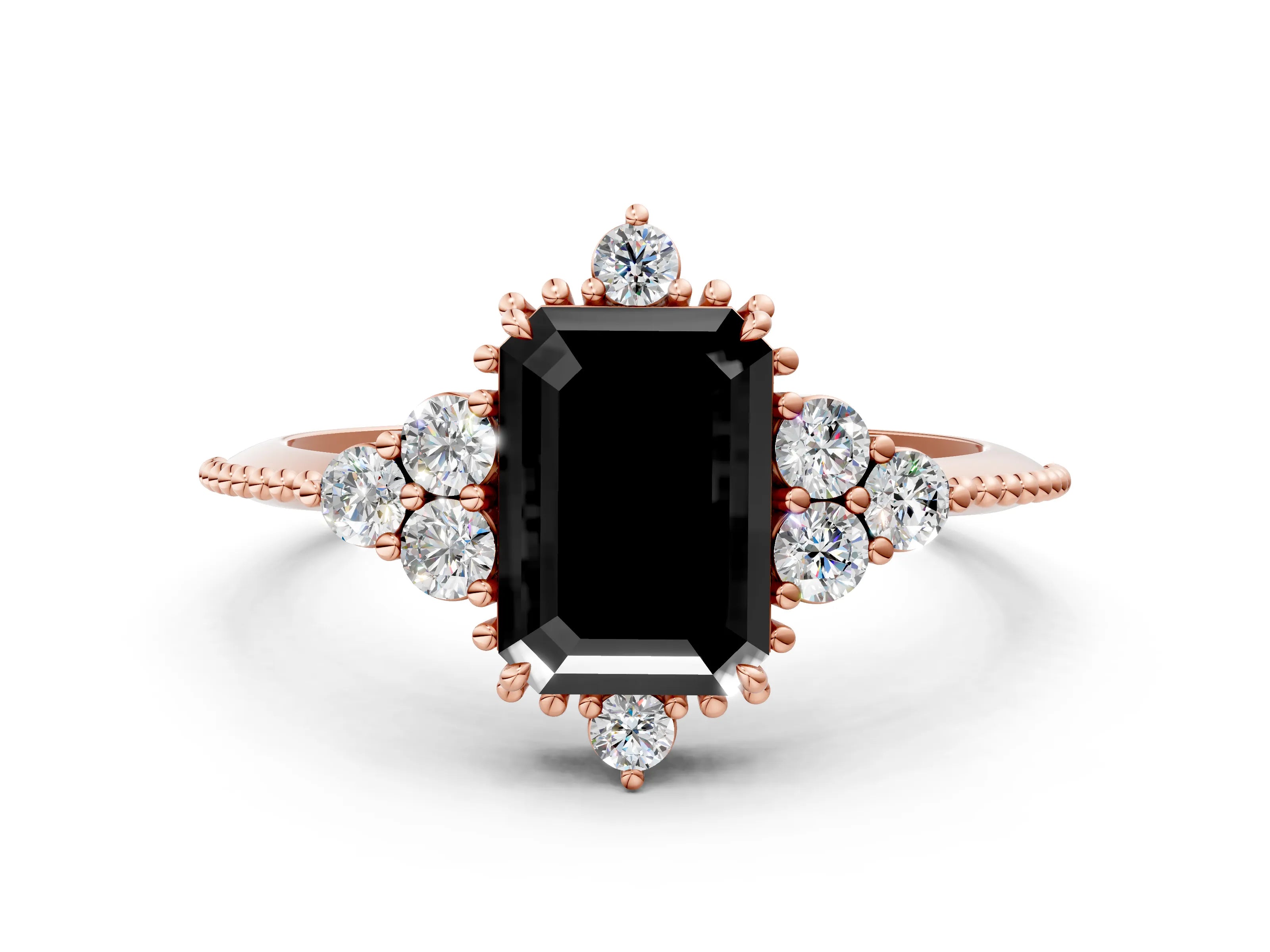 Rose gold Fancy Black Emerald Cut Brilliant Diamond with Cluster Setting on a Beaded Band and Four-Prong Setting