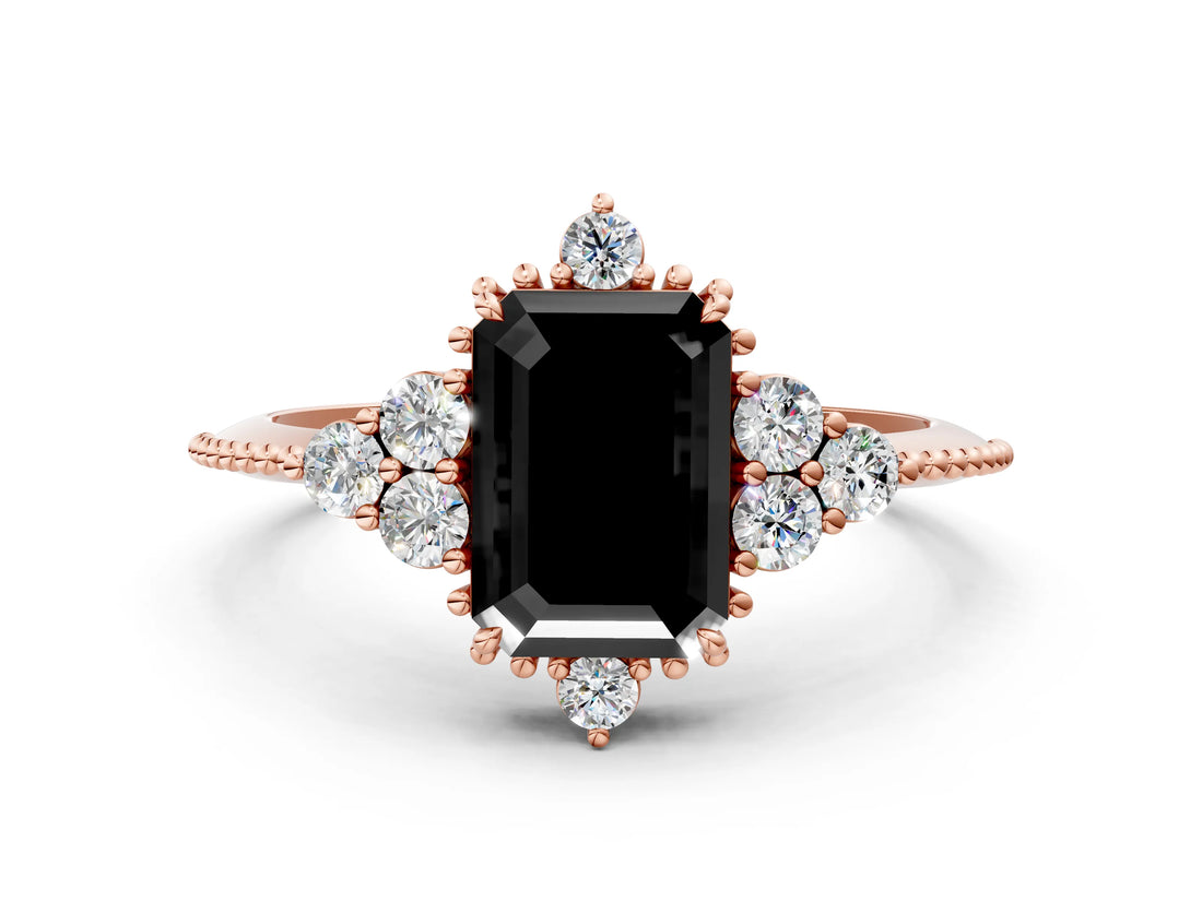 Rose gold Fancy Black Emerald Cut Brilliant Diamond with Cluster Setting on a Beaded Band and Four-Prong Setting