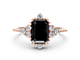 Rose gold Fancy Black Emerald Cut Brilliant Diamond with Cluster Setting on a Beaded Band and Four-Prong Setting