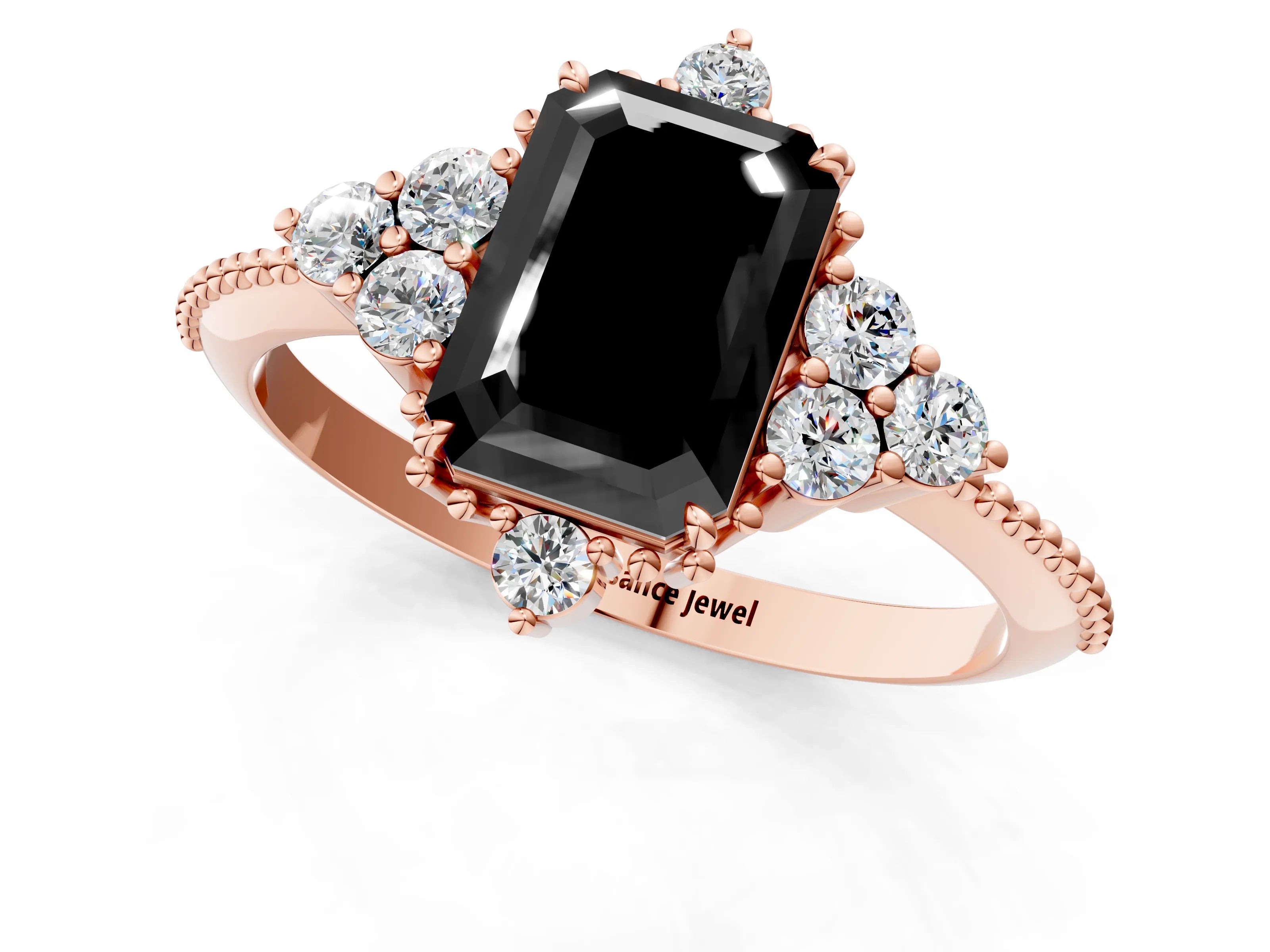 Rose gold Fancy Black Emerald Cut Brilliant Diamond with Cluster Setting on a Beaded Band and Four-Prong Setting_1