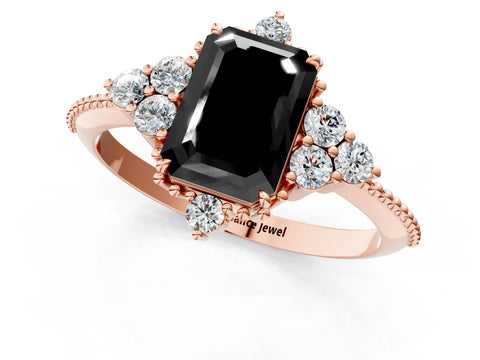Rose gold Fancy Black Emerald Cut Brilliant Diamond with Cluster Setting on a Beaded Band and Four-Prong Setting_1