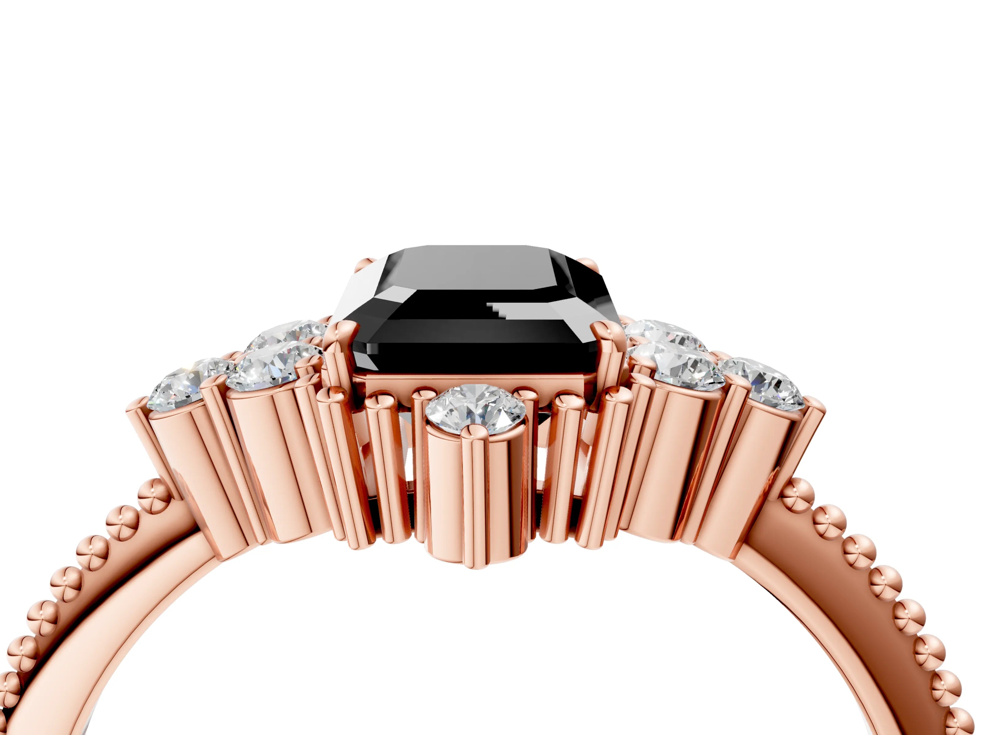 Rose gold Fancy Black Emerald Cut Brilliant Diamond with Cluster Setting on a Beaded Band and Four-Prong Setting_4