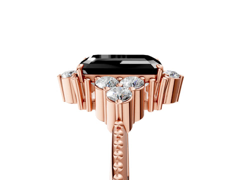 Rose gold Fancy Black Emerald Cut Brilliant Diamond with Cluster Setting on a Beaded Band and Four-Prong Setting_5