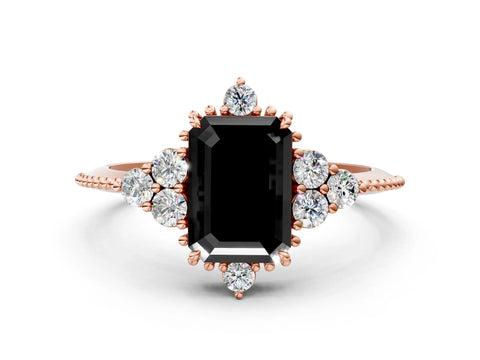 Rose gold Fancy Black Emerald Cut Brilliant Diamond with Cluster Setting on a Beaded Band and Four-Prong Setting