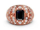 Rose gold Fancy Black Emerald Cut Brilliant Halo Pave Diamond Milgrain Ring