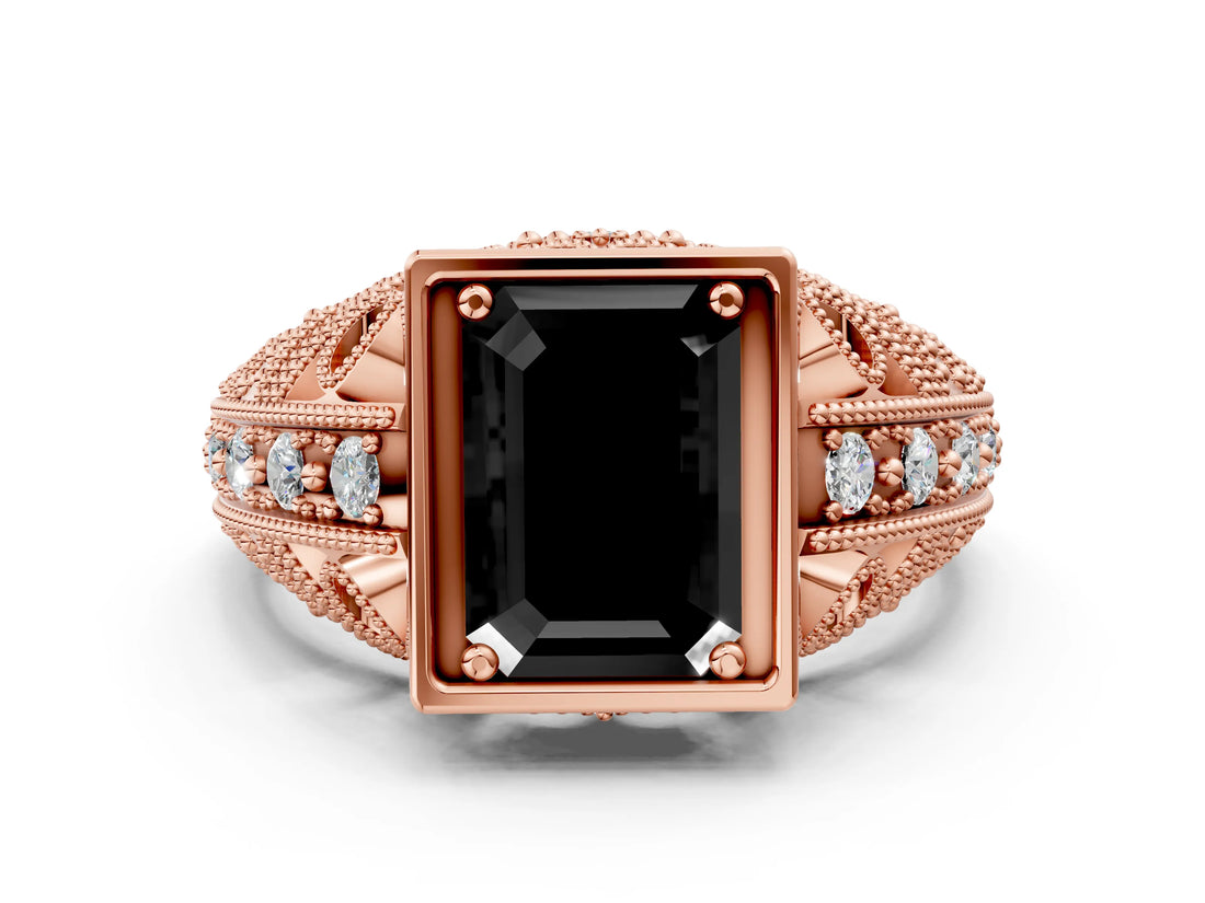 Rose gold Fancy Black Emerald Cut Brilliant Milgrain Filigree Diamond Ring with Square Prong Setting