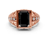 Rose gold Fancy Black Emerald Cut Brilliant Milgrain Filigree Diamond Ring with Square Prong Setting