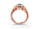 Rose gold Fancy Black Emerald Cut Brilliant Milgrain Filigree Diamond Ring with Square Prong Setting_3