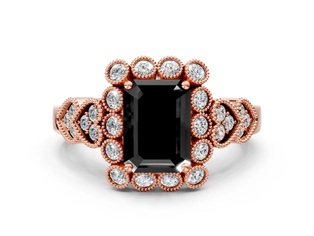 Rose gold Fancy Black Emerald Cut Brilliant Milgrain Pave Heart Band Solitaire Ring