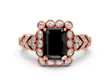 Rose gold Fancy Black Emerald Cut Brilliant Milgrain Pave Heart Band Solitaire Ring