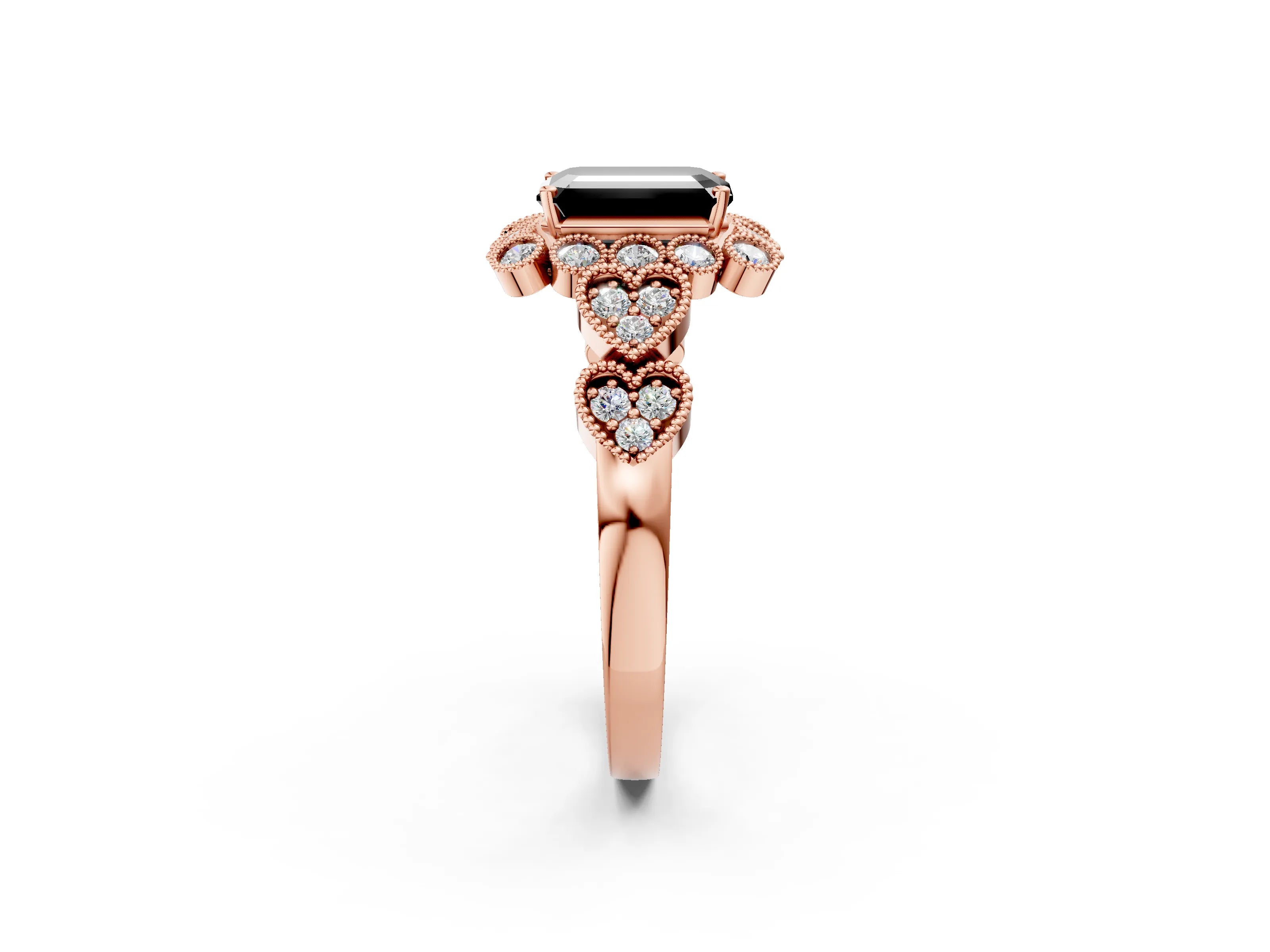 Rose gold Fancy Black Emerald Cut Brilliant Milgrain Pave Heart Band Solitaire Ring_2